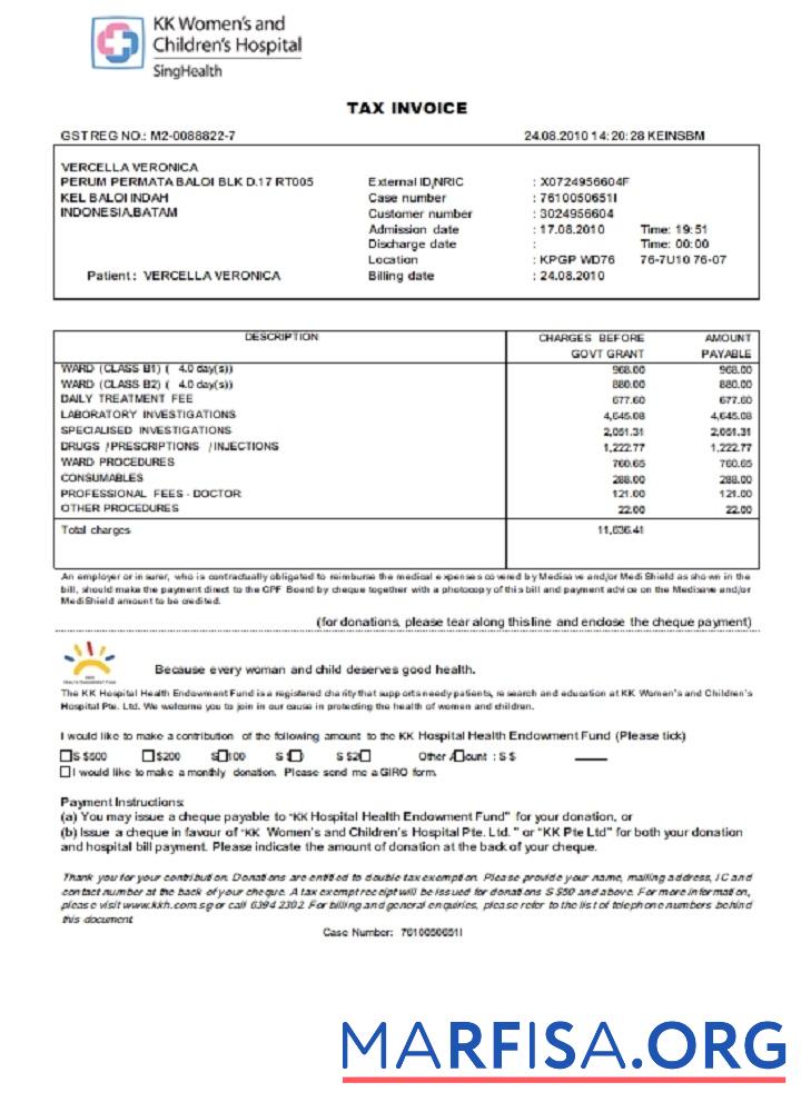 Printable Singapore KK Women’s and Children’s Hospital tax invoice sample